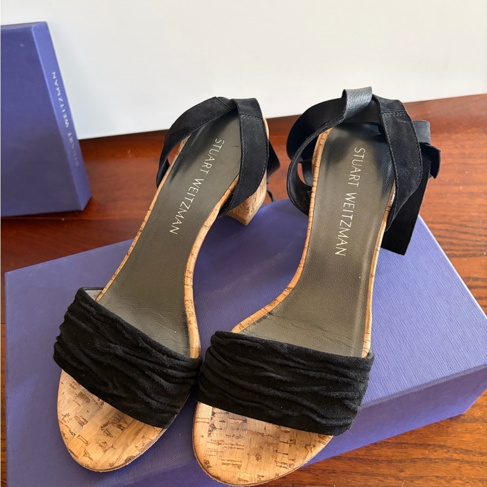 Stuart Weitzman Black Cork Block Heel Sandals with Ankle Tie